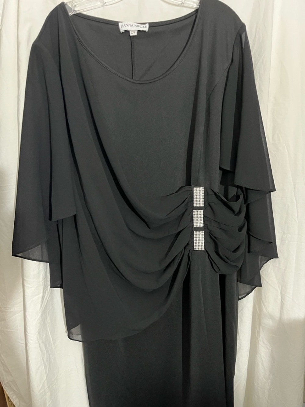 Black Long-Sleeve Draped Evening Dress with Rhinestone Trim